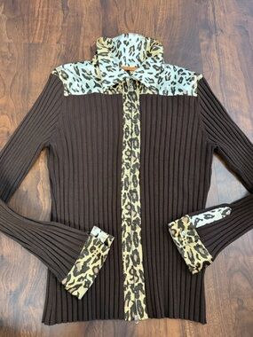 Belldini Y2K Brown Stretch Knit Leopard  Bedazzled Zip Sweater